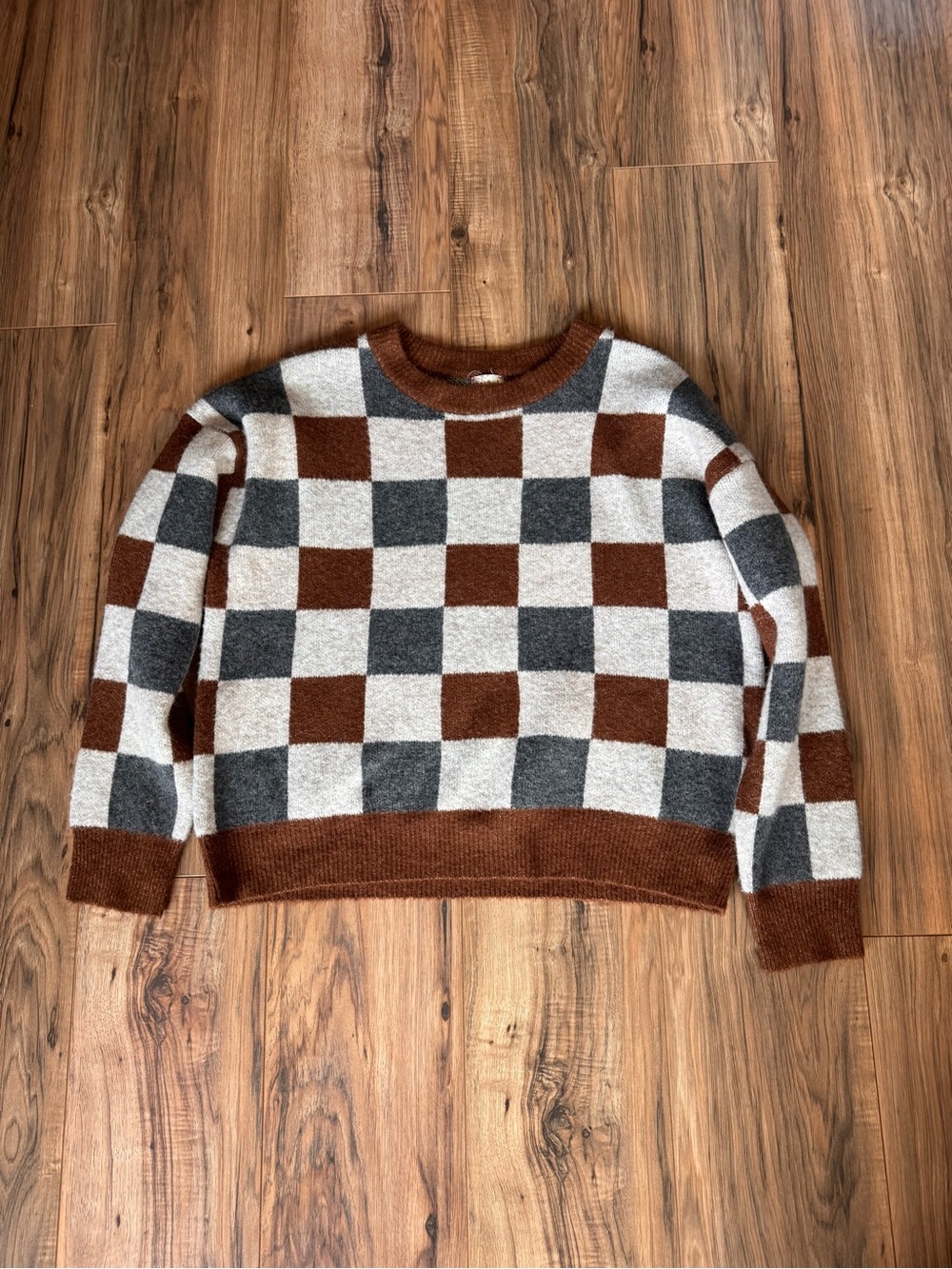 Hem & Thread Rust, Gray & White Checkerboard Crewneck Sweater
